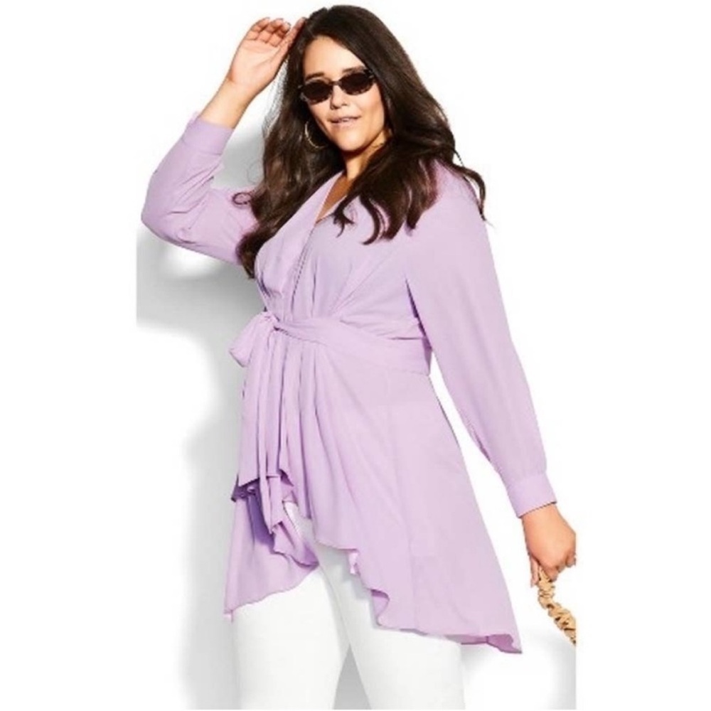 NWT City Chic Sz 22 Shibara Top in Lilac Pastel Lavender Purple Tie Ruffle Tunic